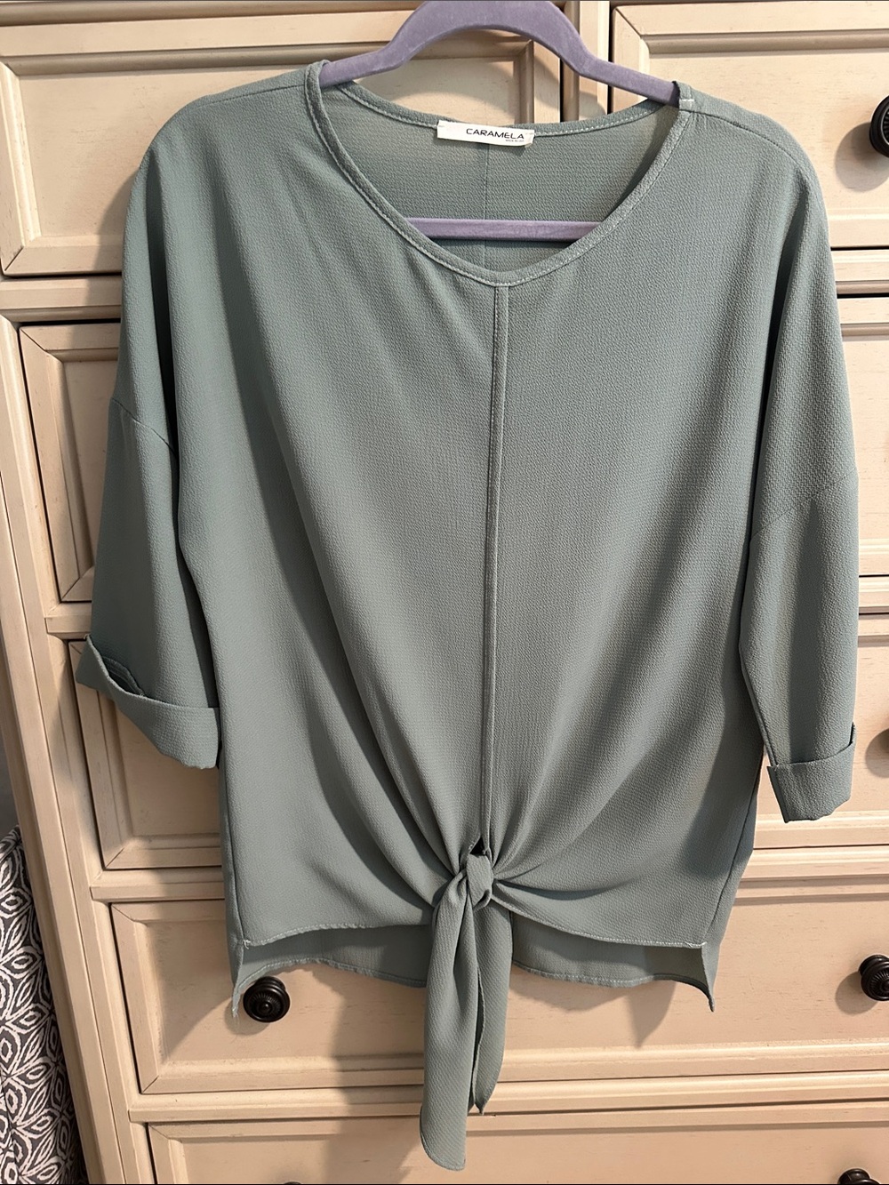 Caramel Sage Green Tie-Knot Relaxed Tunic Top